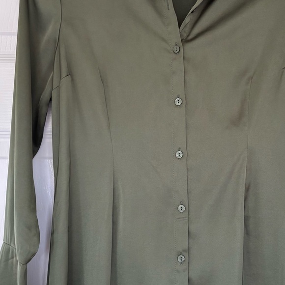 Olive Satin Shirt Dress - Picture 3 of 5